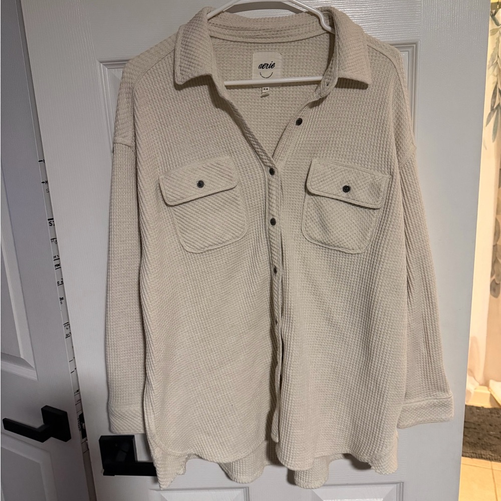 AERIE heather Cream Button-Up Waffle Knit Shirt